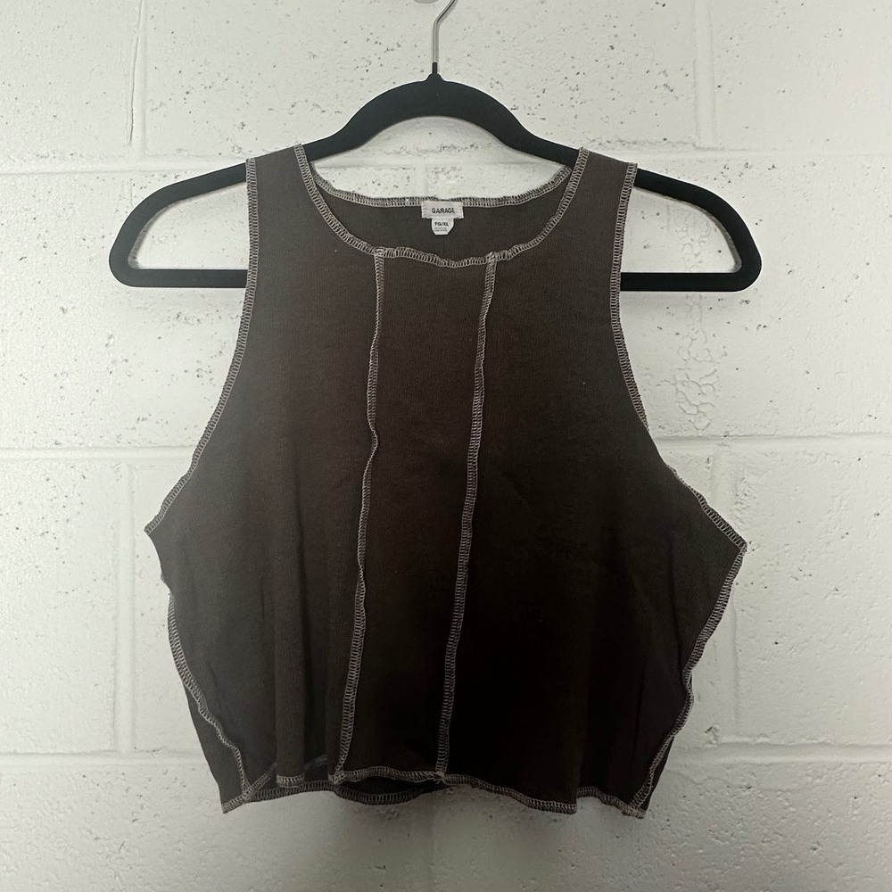 Garage Brown Ribbed Lettuce Hem Cropped Tank‎ Top TG XL